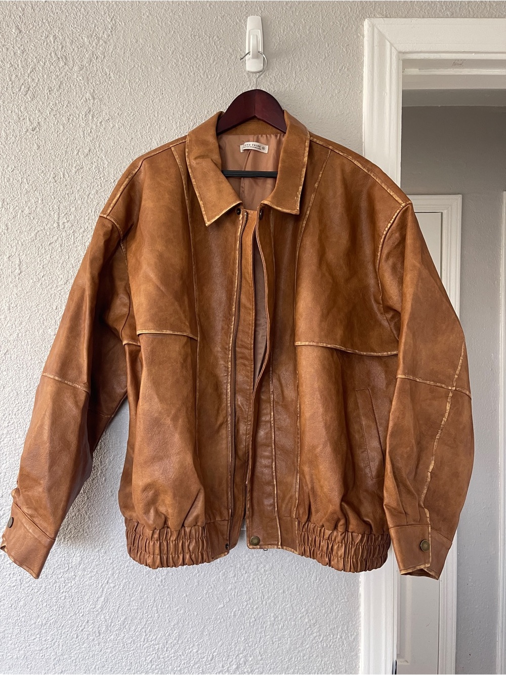 12TH TRIBE Cognac Brown Faux Leather Bomber Jacket XXL Oversized Vintage Style